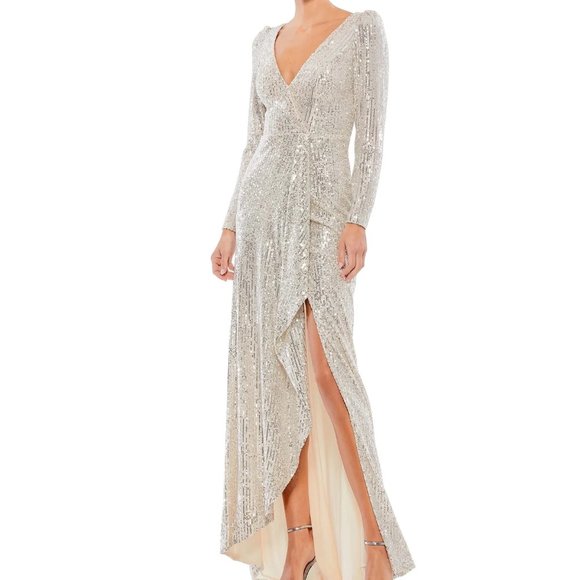 Ieena for Mac Duggal 26395 Silver Sequin Long Sleeve Wrap Evening Gown Size 4